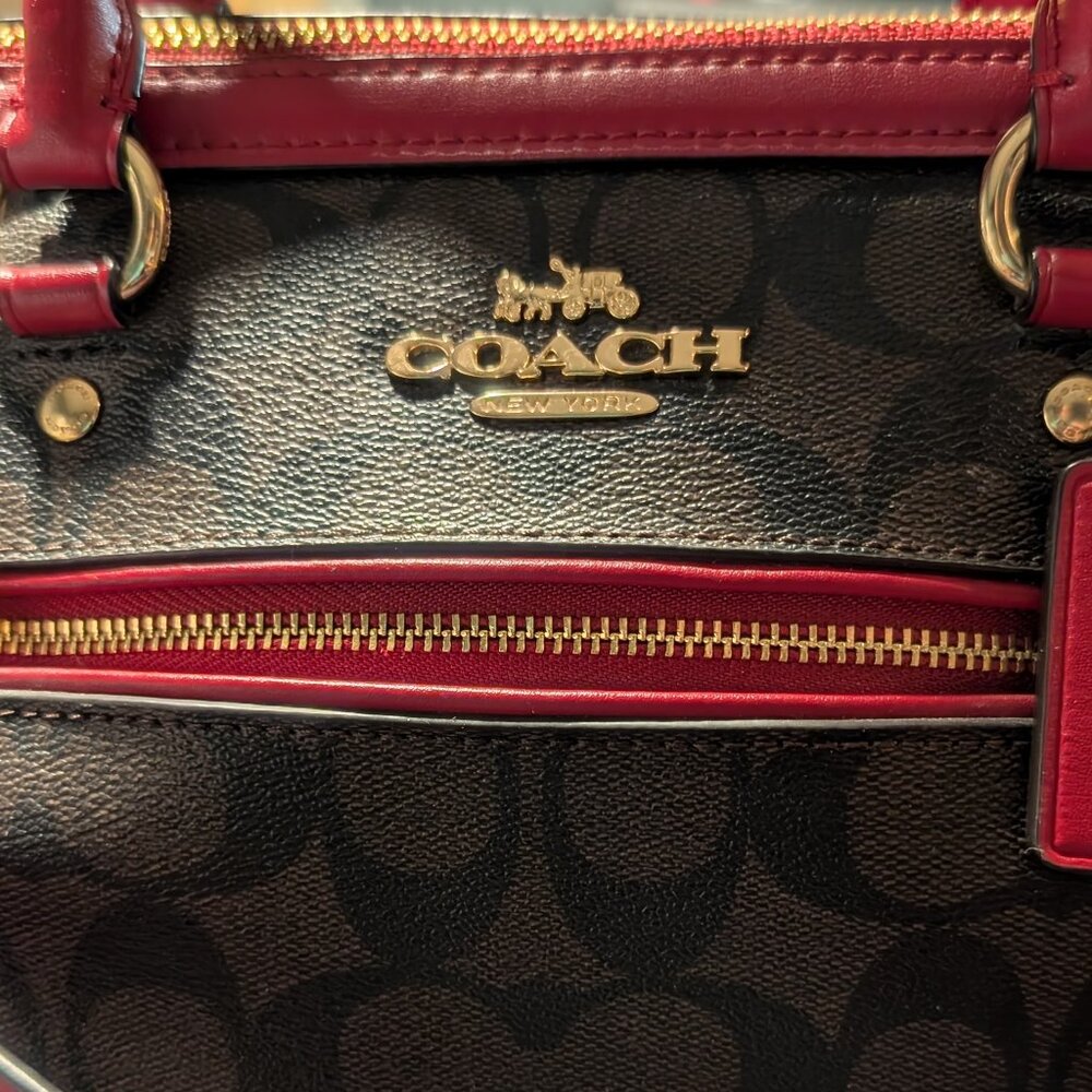 Like New: COACH Rowan Satchel | Khaki Signature & Red Poppy Leather